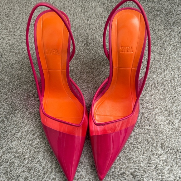 ZARA Hot Pink Pointed Slingback Pumps with Orange Insole - Picture 2 of 5